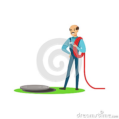 Proffesional plumber man character stnding next to a sewer manhole, plumbing work vector Illustration Vector Illustration