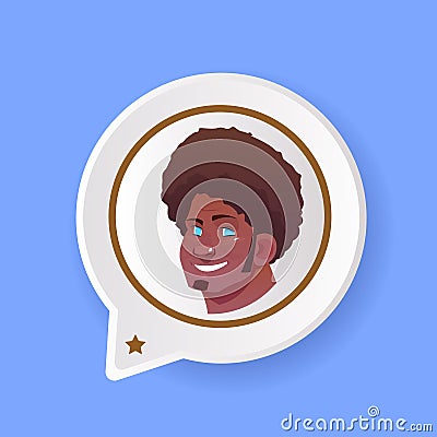 Profile african smiling face chat support bubble male emotion avatar, man cartoon icon portrait flat Vector Illustration