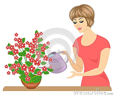 Profile of a beautiful girl. The lady is caring for the colors of the room. The woman poured them. Vector illustration Cartoon Illustration