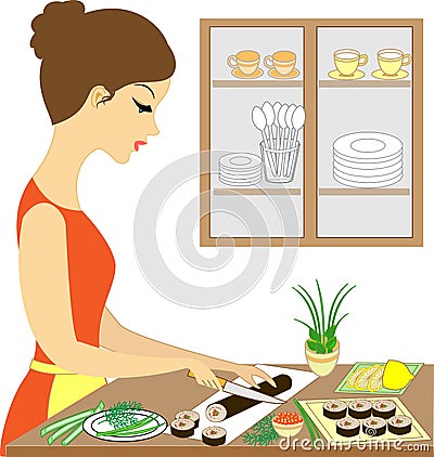 Profile of a beautiful lady. Cute girl cooks sushi, makes rolls. She is a skilled hostess. Vector illustration Cartoon Illustration