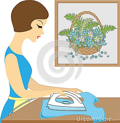 Profile of a beautiful lady. Cute girl ironing clothes. She is a caring hostess. Vector illustration Cartoon Illustration