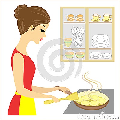 Profile of a beautiful lady. The girl is preparing food for the family. Fry delicious pancakes on a plate in a frying pan. Vector Cartoon Illustration