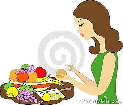 Profile of a beautiful lady. The girl serves a festive table. She puts in a plate of different fruits: tangerines, grapes, lemons Cartoon Illustration