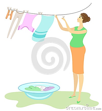 Profile of a beautiful lady. Pregnant woman hangs wet clothes in the yard. The girl is sweet and kind hostess. Vector illustration Cartoon Illustration