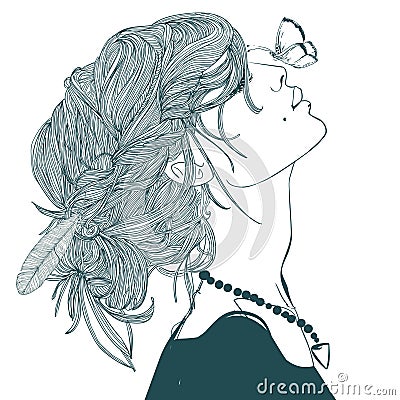 Profile of beautiful woman with butterfly Vector Illustration