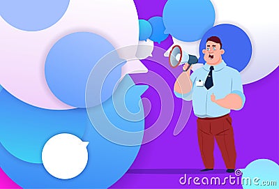 Profile businessman hold megaphone new idea chat support over bubbles backgroung male emotion avatar, man cartoon icon Vector Illustration
