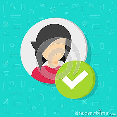 Profile with checkmark icon vector, flat woman user account accepted symbol with tick, approved or applied person sign Vector Illustration