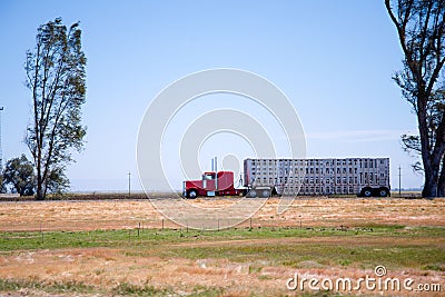 Profile of classic red rig semi truck with trailer for transport Stock Photo