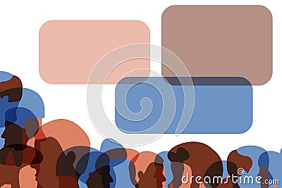 Profile color silhouettes of people crowd and text blocks space banner, male and female face heads silhouettes concept banner. Vector Illustration