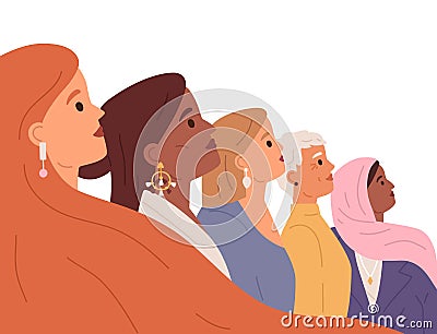 Profile of diverse women faces. Feminists of different ages and races. Diversity and equality of woman, sisterhood, girl Vector Illustration