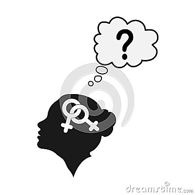 Profile of a female head with the symbol of bigender and a question mark Vector Illustration