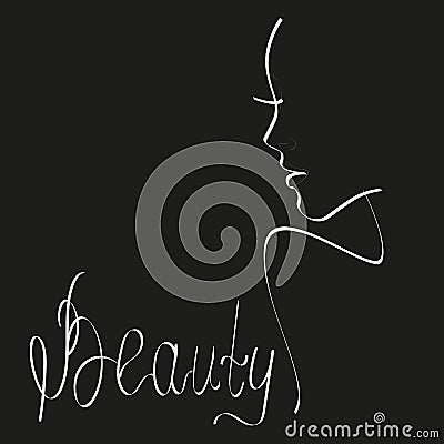 Profile of a girl contour drawing lineart. logo beauty salon. vector illustration isolated black background. empty space Vector Illustration