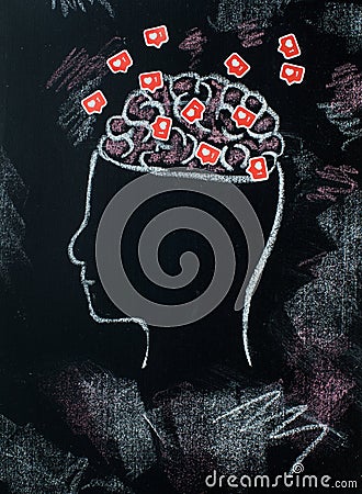 Profile of head with open brains full of likes symboles Stock Photo
