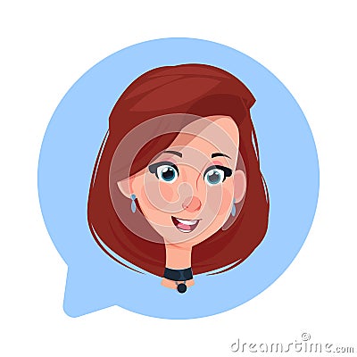 Profile Icon Female Head In Chat Bubble Isolated, Caucasian Woman Avatar Cartoon Character Portrait Vector Illustration