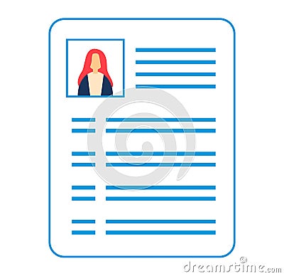Profile icon female with red hair on blue document. Resume or CV representation with photo and text lines. Simplified Vector Illustration