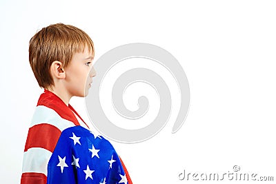 Profile of little patriot with American flag. Happy child holds a flag of America. Independence Day concept Stock Photo