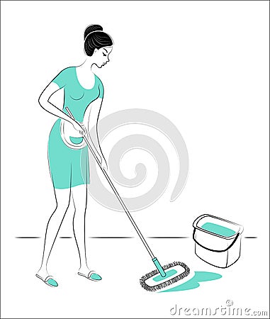 Profile of a lovely lady. The girl washes the floor in the room with a mop. A woman is a good wife, a neat housewife and a maid. Cartoon Illustration