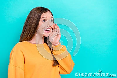Profile photo of excited teen girl wear orange sweatshirt touch cheeks palm announcement black friday look mockup Stock Photo