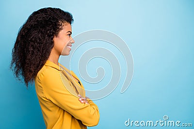 Profile photo of gorgeous dark skin business lady arms crossed self-confident friendly worker look empty space wear Stock Photo