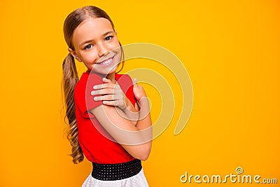 Profile photo of pretty small lady holding herself shoulders adorable long tails hairstyle wear casual red white dress Stock Photo