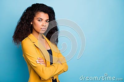 Profile photo of stunning young dark skin business lady hands crossed self-confident bossy serious worker wear stylish Stock Photo
