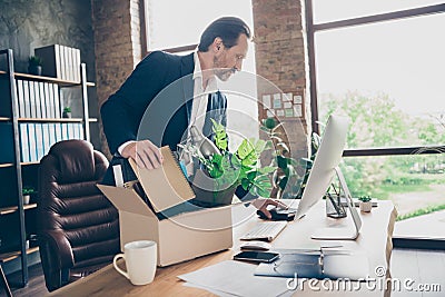 Profile photo of upset fired despair worker mature guy failed businessman real estate agent lost job work pack Stock Photo