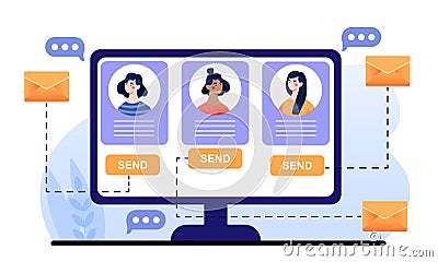 Profile pictures of female characters on computer monitor screen email application Vector Illustration