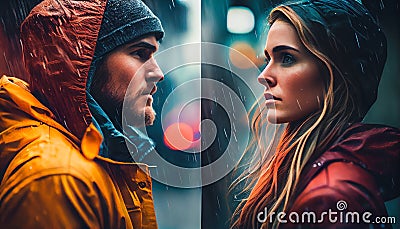 Profile portrait of couple standing face to face having problem conflict on blurred city rainy background. Psychology concept Stock Photo