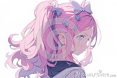 profile portrait of a cute pensive schoolgirl with a pink ponytail hairstyle in anime style on white background Stock Photo