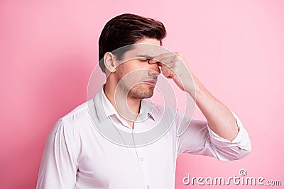 Profile portrait of sad guy headache hand face wear white shirt isolated on pink color background Stock Photo