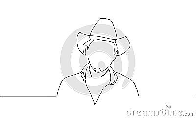 Profile portrait of smiling man in cowboy hat and shirt - continuous line drawing on white background. Linear minimal Vector Illustration