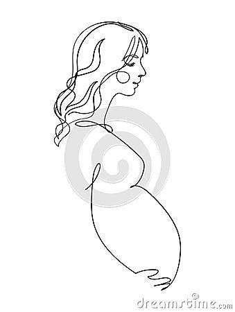 Profile of a pregnant woman, drawing with one continuous line. Minimalist sketch of pregnancy, mom with tummy side view. Aesthetic Vector Illustration