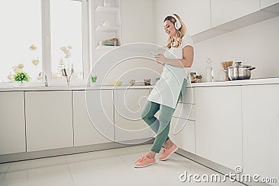 Profile side full length body size view of her she nice attractive lovely cheerful cheery wavy-haired lady maid using Stock Photo
