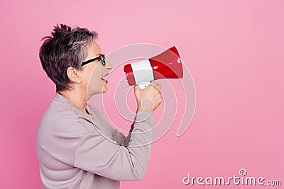 Profile side photo of charming successful woman marketer promoter proclaim seasonal news empty space isolated on pink Stock Photo