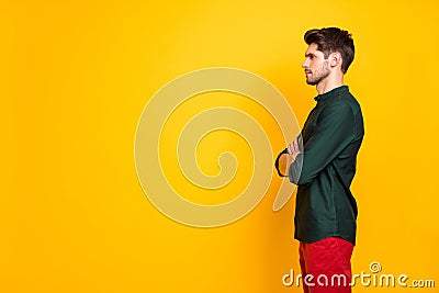 Profile side photo of confident cool serious guy entrepreneur listen solve work start-up problems cross hands look wear Stock Photo