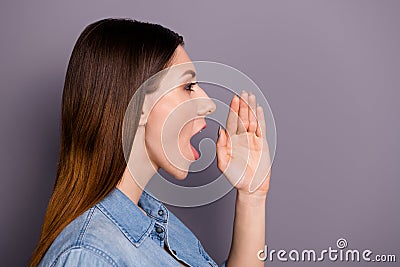 Profile side photo of cute pretty lady hold hand near mouth scream shout news share private information wear good look Stock Photo