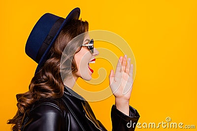 Profile side photo of funky fun girl scream ads private novelties say tell sales discounts wear black leather jacket Stock Photo