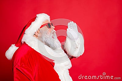 Profile side photo of funny santa claus screaming promotion newyear resolution wearing eyeglasses eyewear bright hat Stock Photo