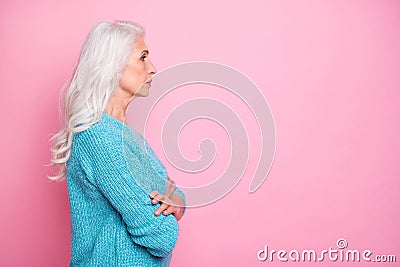 Profile side photo of pensive strict old woman serious professional cross hands look copyspace listen her employees Stock Photo