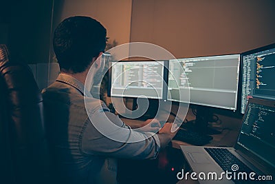 Profile side view of nice senior devops qualified expert focused brunette guy writing source solving tech problem Stock Photo