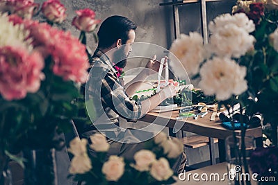 Profile side view photo concentrated lovely handsome self-employed people person trendy stylish checked shirt Stock Photo