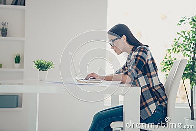Profile side view photo concentrated pensive entrepreneur modern technology device look screen sit chair white trendy Stock Photo