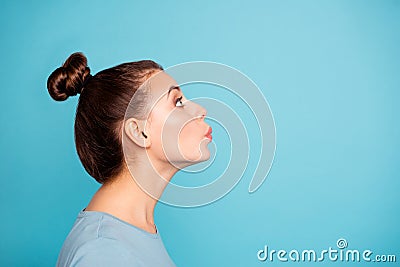 Profile side view photo of cute pretty lovely teen teenager tune whistling look up enjoy feel content glad free time Stock Photo