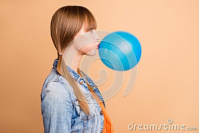 Profile side view photo of lovely teen teenager feel positive cheerful tails weekend vacation free time look amazed Stock Photo
