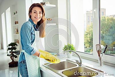 Profile side view portrait of her se nice lovely attractive experienced professional cheerful positive brown-haired lady Stock Photo