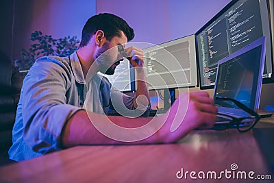 Profile side view portrait of his he nice attractive sad exhausted overworked guy feeling bad touching temples fail Stock Photo