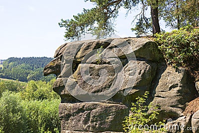 Profile of stone witch, natural rock shape, Petrified City, Ciezkowice, Poland. Stock Photo