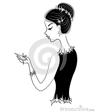 Profile of a sweet lady. The girl is holding a star. The clothes and hair of a woman are decorated with stars. Original picture. Cartoon Illustration