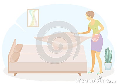Profile of a sweet lady. The girl is making the bed in the room. A woman is a good wife and a neat housewife. Vector illustration Cartoon Illustration