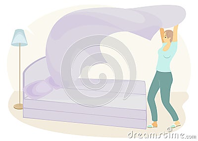 Profile of a sweet lady. The girl is making the bed in the room. A woman is a good wife and a neat housewife. Vector illustration Cartoon Illustration
